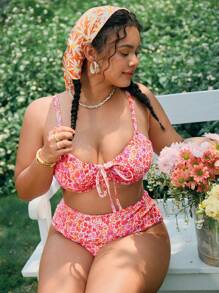 Swim Mod Plus Size Women's Ditsy Floral Tankini Top, Padded & Push-Up For Summer Beach Vacation