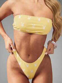 Missguided x Playboy Bộ đồ bơi bikini bandeau cổ cao in hình thỏ đi biển nghỉ dưỡng hồ bơi mùa hè hai mảnh - Màu vàng - Xem 4