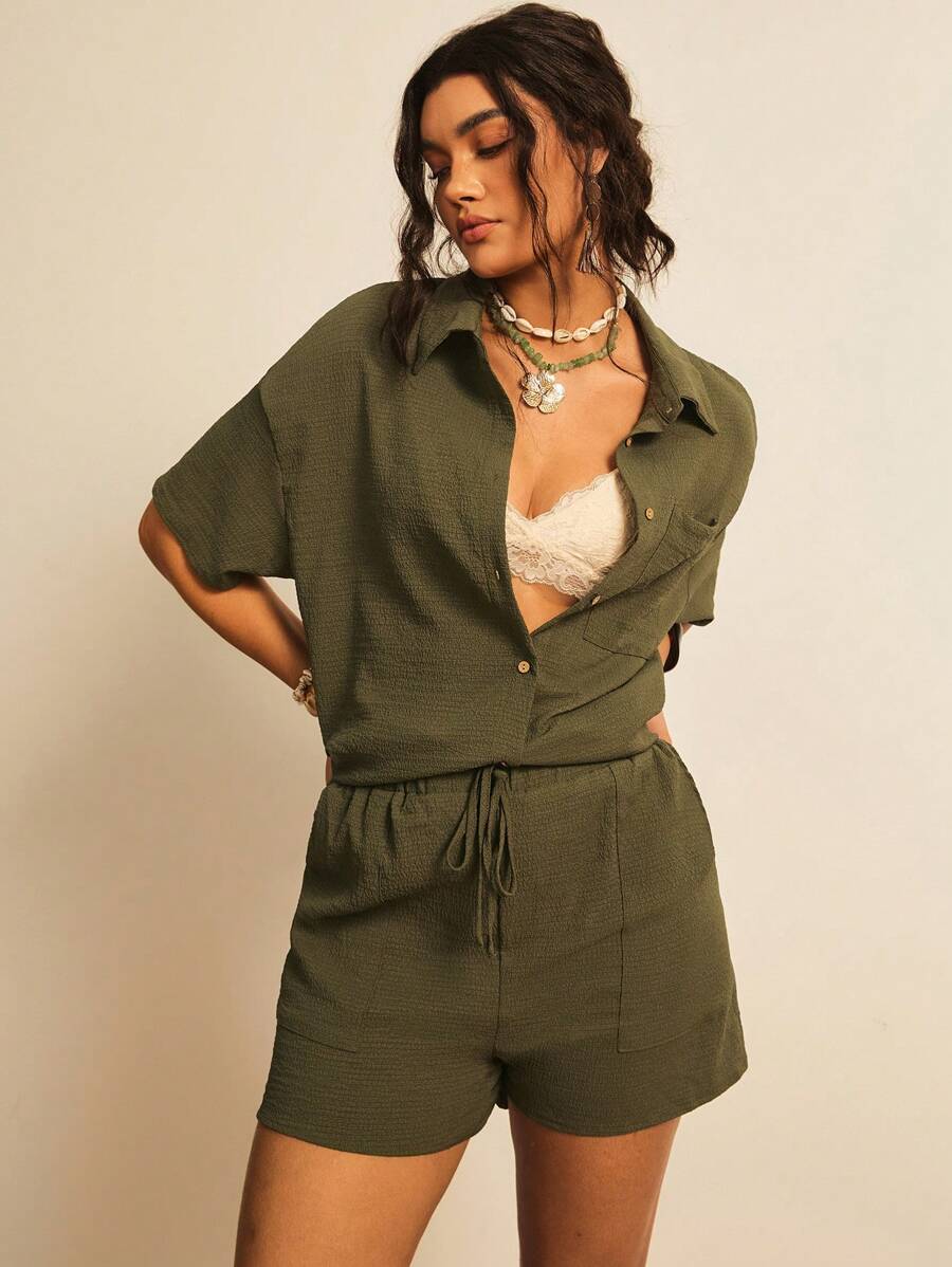 Freevana Plus Size Solid Color Button Front Collared Short Sleeve Top And Drawstring Pocket Shorts 2pcs Set,Holiday Outfits