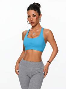 Dewbera Dewbera Soutien-gorge de sport sans dos de couleur unie simple pour femmes - Bleu azur - Voir 3