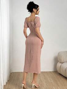 Modelyn Slit Detail Jacquard Lace-Up Puff Sleeve Elegant Summer Women Dress