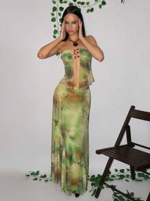 EgrlEra Áo hở vai cổ điển gợi cảm dành cho nữ có họa tiết in và đính hạt, mùa hè' - màu xanh lá - Xem 3