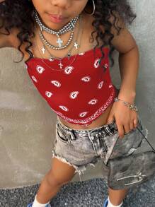 Coolane Kids 青少年女孩春夏街头服饰 Y2K 必备腰果花图案紧身衣抹胸上衣，返校季 - 紅色 - 查看 4