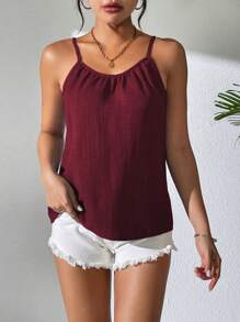 Balvessa Women's Solid Color Pleated Casual Loose Camisole Top, Summer - Maroon - View 4