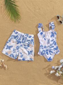 Toddler Girls' One-Piece Swimsuit With Ruffle Trim Floral Print, Perfect For Summer Beach/Holiday - Blue - View 3