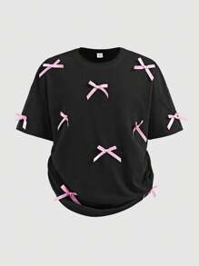 Conjunto de 2 peças de camiseta e shorts de ciclismo skinny com estampa de laço contrastante para meninas adolescentes, para a volta às aulas e cheio de estilo para meninas