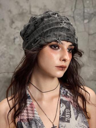 Hippie 1pc Cross & Pentagram Decor Distressed Beanie Cap For Women, Warm, Versatile, Fits Large Head, Korean Fashion , Autumn/Winter