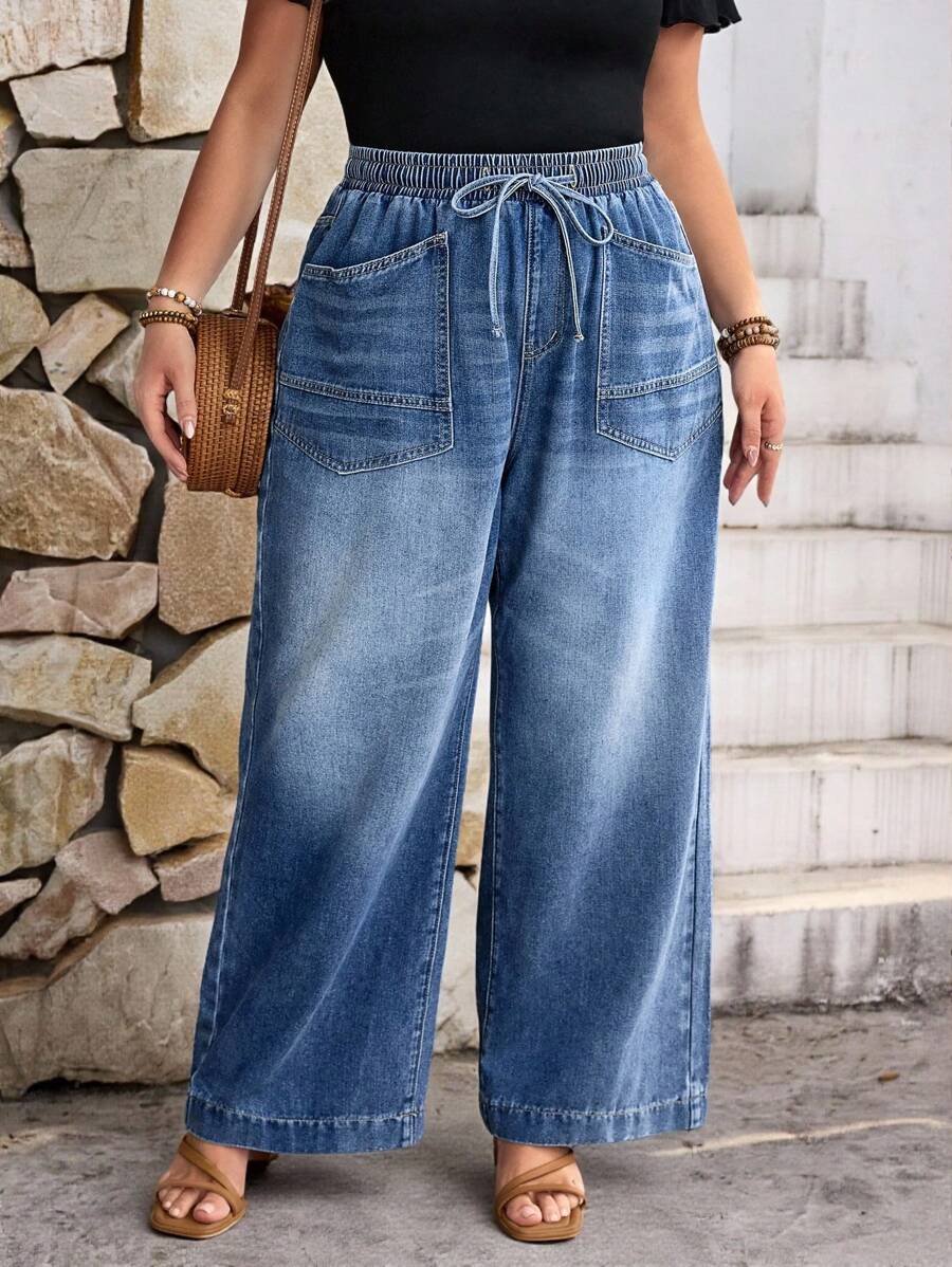 EMERY ROSE 大码休闲度假牛仔裤，夏季时尚 - 淺色水洗藍 - 查看 1