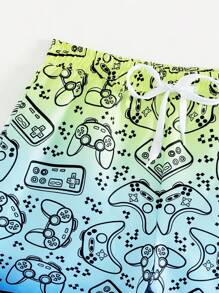 小男孩游戏控制器渐变印花抽绳沙滩短裤，家庭装妈妈和我（4 件单独出售） - 藍色 - 查看 4