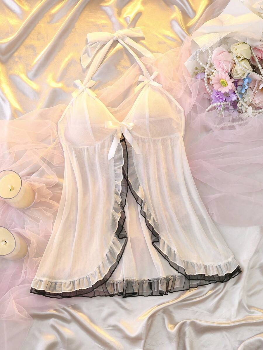 Lace Romance Sweet Women Sleepwear Nightgown Set Summer Babydoll Dress - White - View 1