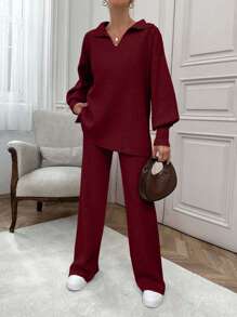 EURMUSE Rib Pattern Polo Neck Sweater And Pant 2pcs Set