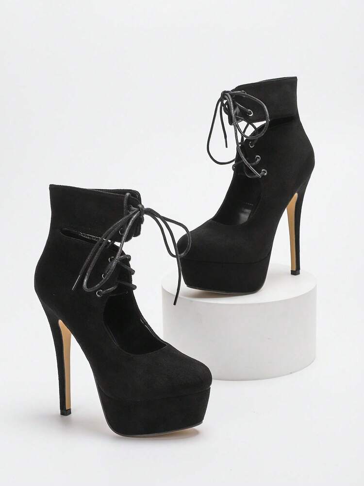 CUCCOO LuxiPop Botas de tacón de aguja de plataforma con cordones hasta el tobillo de punta fina para mujer, color negro, sexy y de moda para discoteca, Halloween, Navidad, atuendo de fiesta, suela gruesa