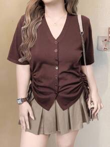 EMERY ROSE Cardigan casual monorange à manches courtes avec cordonnet à la taille, coupe ample pour femmes - Marron - Voir 5