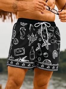 Surfspeed Men's Starfish Print Drawstring Waist Beach Shorts - Black - View 7