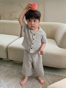 Hapijoa Conjunto de pijamas de manga curta com gola listrada casual para meninos, 2 peças, roupas de verão para casa