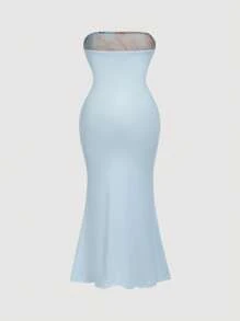 SHEIN MOD 大码蓝色浪漫优雅花卉印花露肩美人鱼连衣裙 - 藍色 - 查看 2