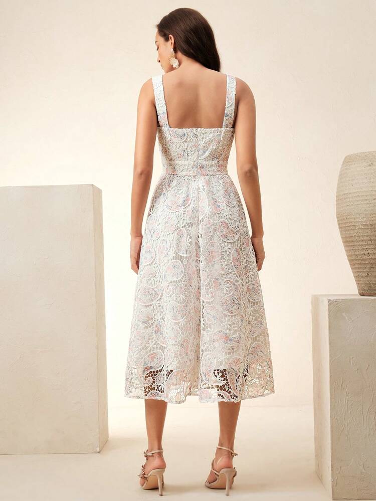 Elegant Embroidered Graphic Print Dress, Sleeveless Flowy Vacation Style For Women