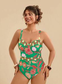 Travachic 大码假日休闲热带花卉印花细肩带泳衣 + 蝴蝶结腰带长款罩衫泳装 2 件套女式 - 綠色 - 查看 5