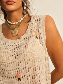 SHEIN VCAY Plus Size Women Floral Patched Sleeveless Casual Crochet Top Sheer Top Ibiza Butter Yellow See Through Top Scoop Neck Summer Beach Vacation Beach Boho Rave Country Concert Festival Brunch Beach Vacation Graduation Old Money Cute Summer Tops Going Out Tops Women Summer Bottoms Concert Tops - Apricot - View 4