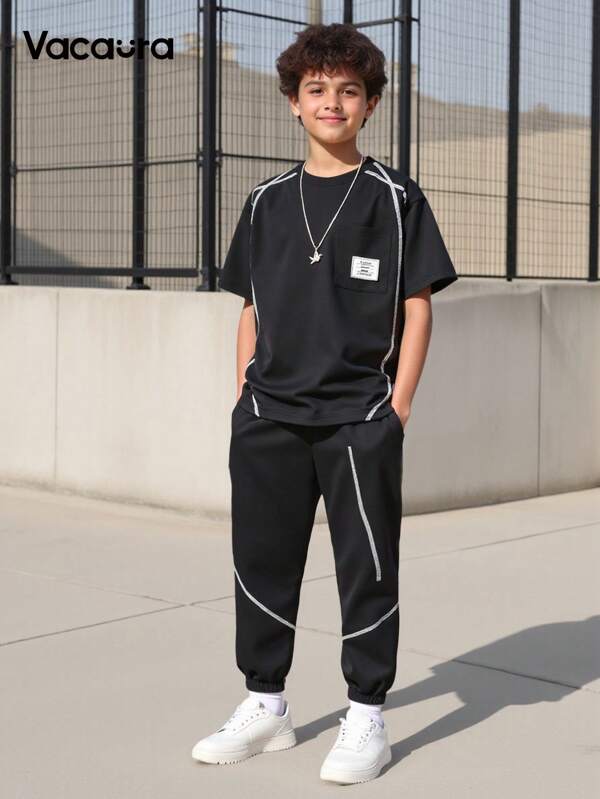 Vacaura Boy Summer Outfit  2pcs/Set Tween Boy Casual Simple White Line Strap Chest Pocket Design T-Shirt And Knit Jogger Pants Outfit, Spring/Summer