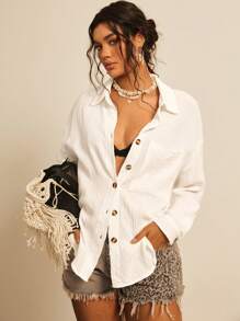 Freevana Camisa simple de manga larga diaria para mujeres de tallas grandes en unicolor - Blanco - Ver 6