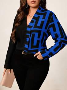 Chikora Camisa de manga larga de estilo casual de negocios para mujer con estampado geométrico de bloques de color en talla grande