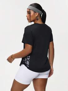 Rhythm Era Plus Size Women's Crew Neck Short Sleeve Geometric Mesh Splice Sports T-Shirt, Workout Top Gym Shirts - Black - View 2