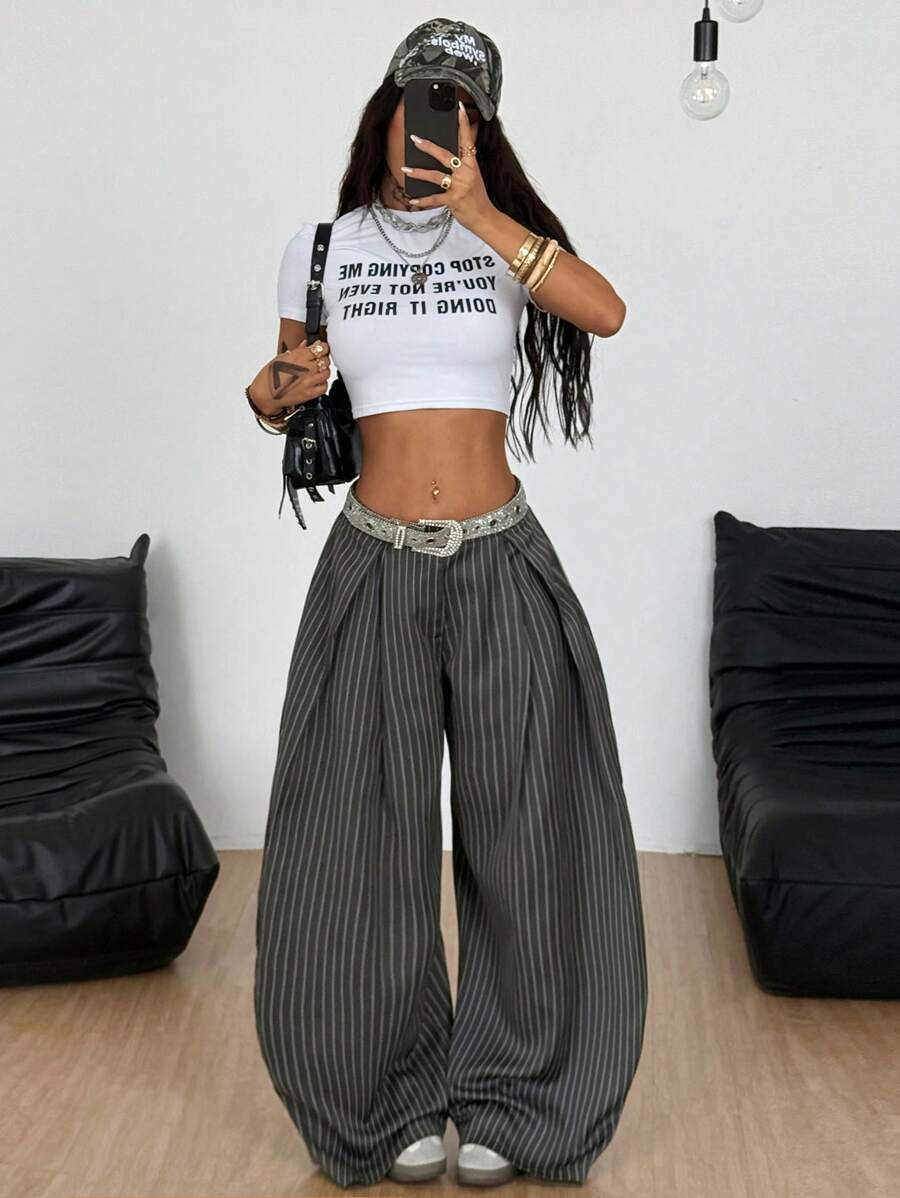 Coolane Women's Summer Streetwear Y2K Vintage Casual Hippie Striped Oversized Low Rise Grey Banana Pants - Dark Grey - View 1