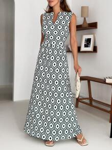 SHEIN Vestido corto de mujer con cuello en V, sin mangas, con estampado todo sobre todo, de textura, para primavera y verano, atuendo diario