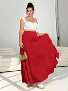 SHEIN EZwear 情人节大码女款红色褶皱半身裙