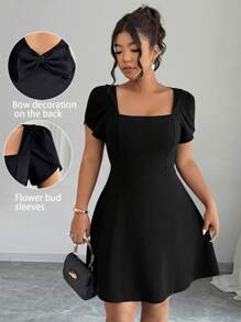 Elenzga Abito elegante estivo di taglia grande in colore nero tinta unita, con decorazione fiocco e schiena scoperta - nero - Visualizzare 2