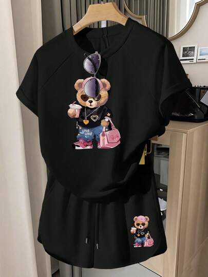 INAWLY Women's Cartoon Bear Print Short Sleeve T-Shirt And Shorts Set, Summer