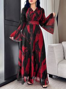 Modelyn Women's Elegant Contrast Color Bell Sleeve Dress - Multicolor - View 3