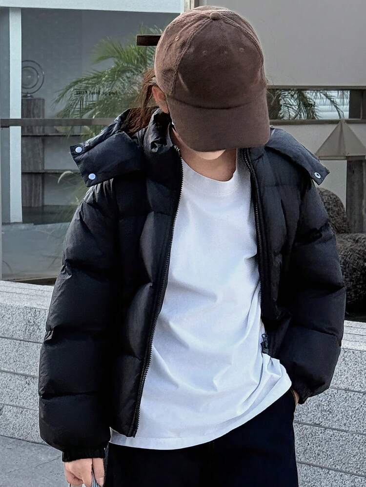 Tween Girls' Casual Loose Streetwear Mid-Length Solid Color Hooded Padded Coat Winter