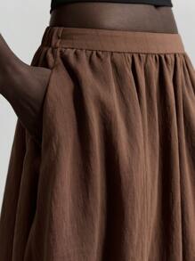 Ontre 现代都市风格，极简主义舒适风格，条纹材质，棕色，女式 A 字裙，飘逸，松紧腰身，日常穿着，通勤，休闲，商务休闲，2025 年新款，初秋