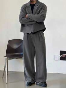 Manfinity Dauomo Men Solid Color Simple Casual Long Sleeve Suit Jacket And Long Pants Set - Navy Blue - View 1