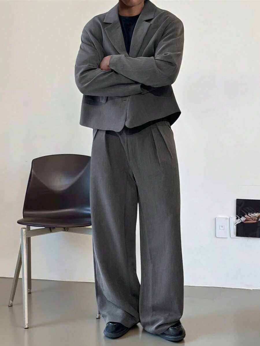 Manfinity Dauomo Men Solid Color Simple Casual Long Sleeve Suit Jacket And Long Pants Set - Navy Blue - View 1