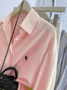 Plus Size Women's Knight Printed Striped Long Sleeve Single-Breasted Shirt Fall Cloth For Women - Coral Pink - View 5