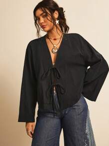 Freevana 大码休闲纯色编织喇叭袖宽松常规女式衬衫，喇叭袖上衣 - 黑色 - 查看 3