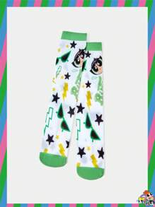 THE POWERPUFF GIRLS X SHEIN 1 Pair Women Cartoon & Lightning Star Pattern Mid-Calf Socks - Green - View 4