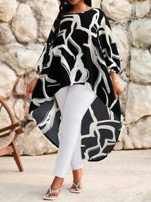 SHEIN Lady Mùa xuân và mùa hè thanh lịch đi làm văn phòng giản dị Boho đen và trắng dệt cổ tròn cao thấp tay áo cỡ lớn áo phông cỡ lớn áo cánh - Đen và trắng - Xem 6