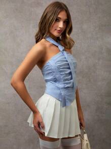 Avenya Women Striped Faux Collar Open Back Halter Top - Blue and White - View 5