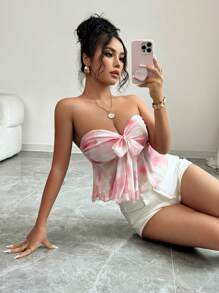 Elenzga Women's Floral Print Ruched Twist Front Cropped Cami Top, Summer Vacation Short Shirt