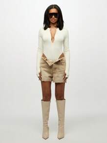 SUMWON WOMEN High Waisted Cutoff Denim Shorts Festival Beach Distressed Raw Hem Mid Thigh Bermuda Summer Casual Bottoms Boho Vacation Wear - Khaki - View 7