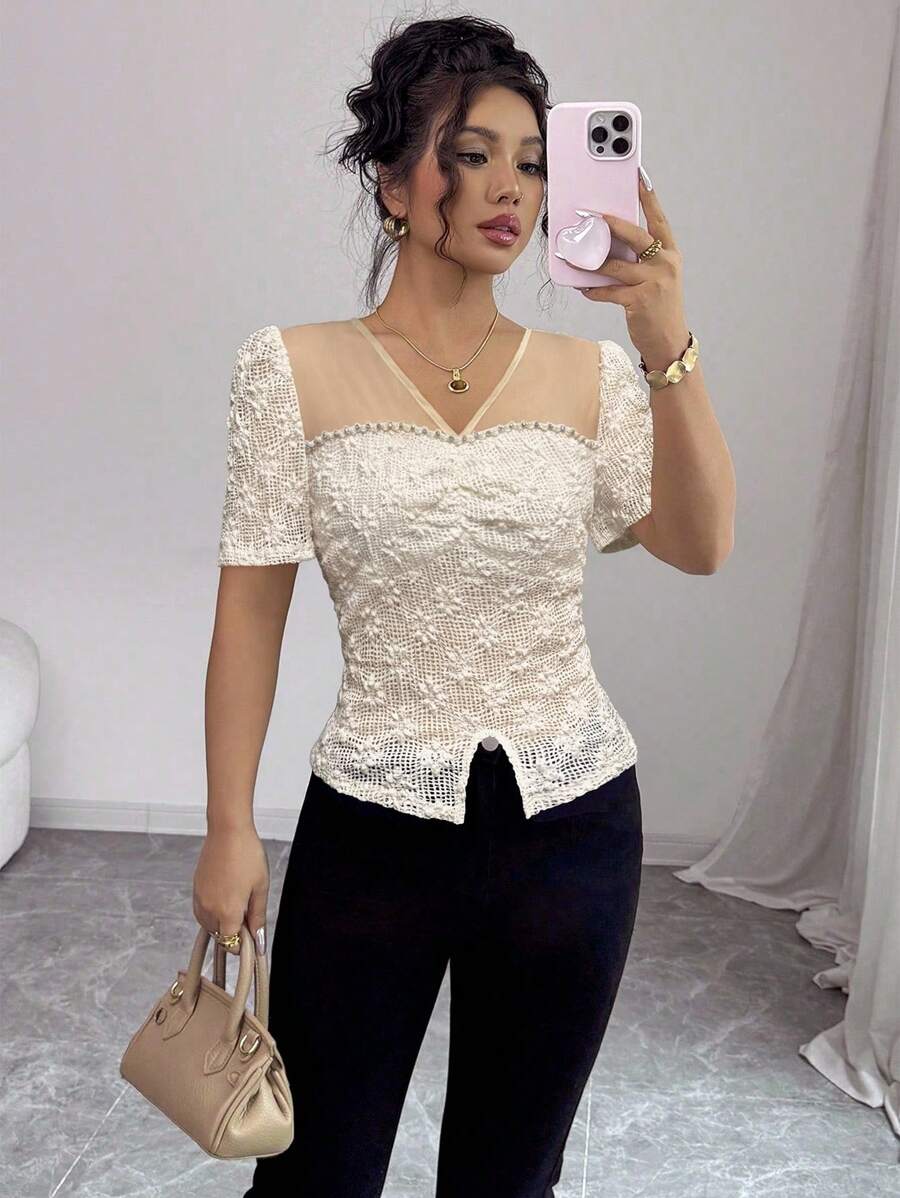 Elenzga 女士链条装饰蕾丝泡泡袖T恤 - 杏色 - 查看 1