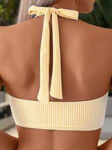 Swim Mod 2 件套女士春假条纹随机印花交叉露背上衣和拼接泳裤，夏季沙滩泳衣 - 彩色 - 查看 5