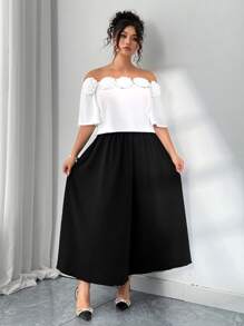 Elenzga Plus Size Women's Elegant Off-Shoulder Blouse, Floral 3D Decor Color Block Skirt 2 Pieces Set - Black and White - View 7