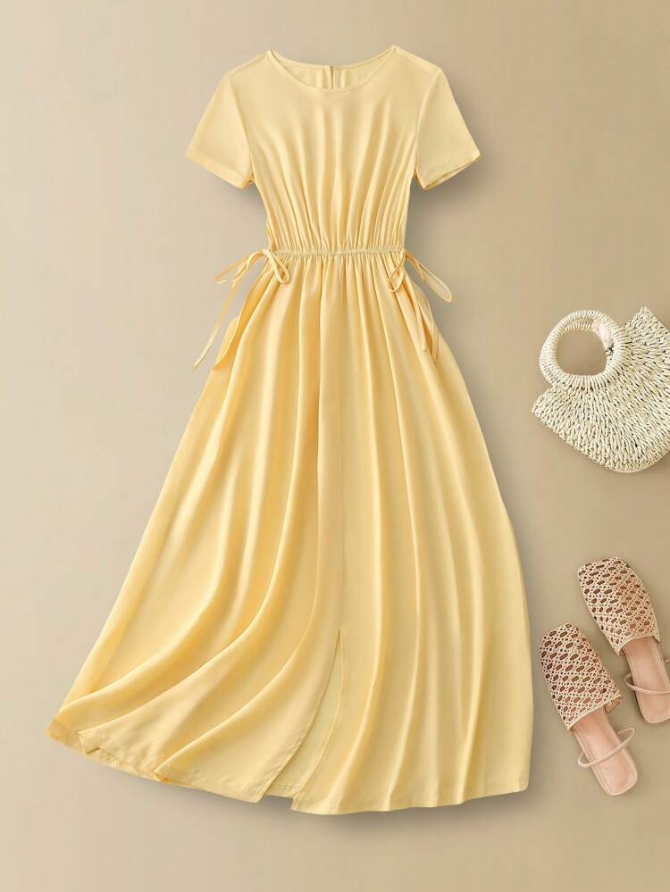 Women's Casual Solid Color Short Sleeve Dress For Summer Butter Yellow Bandage Dress