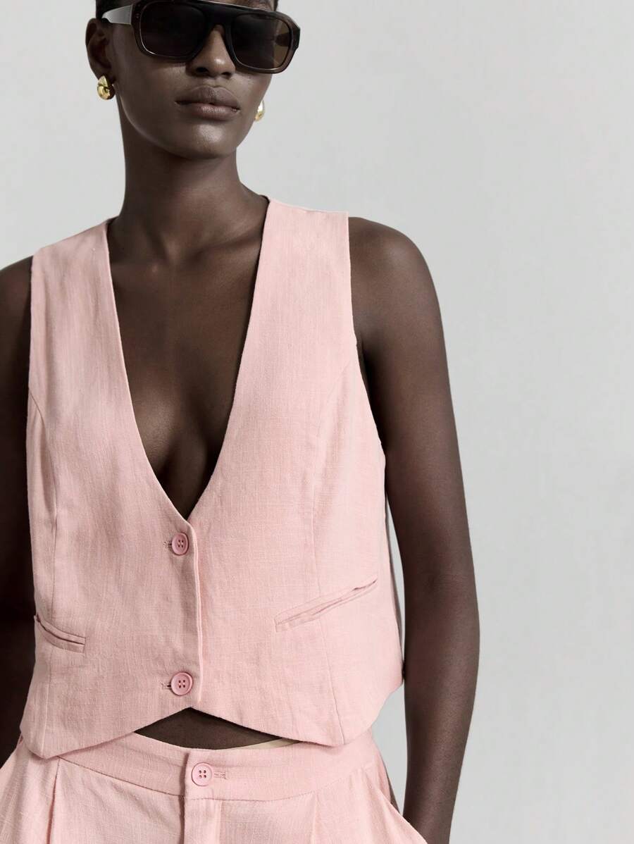 Ontre Bộ trang phục 2 món mùa thu mới 2025 dành cho nữ, bao gồm quần vest chất liệu vải lanh, bộ vest vest, bộ vest blazer phong cách nghỉ dưỡng bằng vải lanh, bộ vest quần, bộ vest công sở thường ngày cho nữ - Hồng - Xem 1