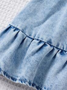 SHEIN Baby Girls' 2025 New Pink Ribbon Bow Accent Blue Denim Cap Sleeve Dress, Spring And Summer Casual Vacation Country Boho Wear - Light Wash - View 4